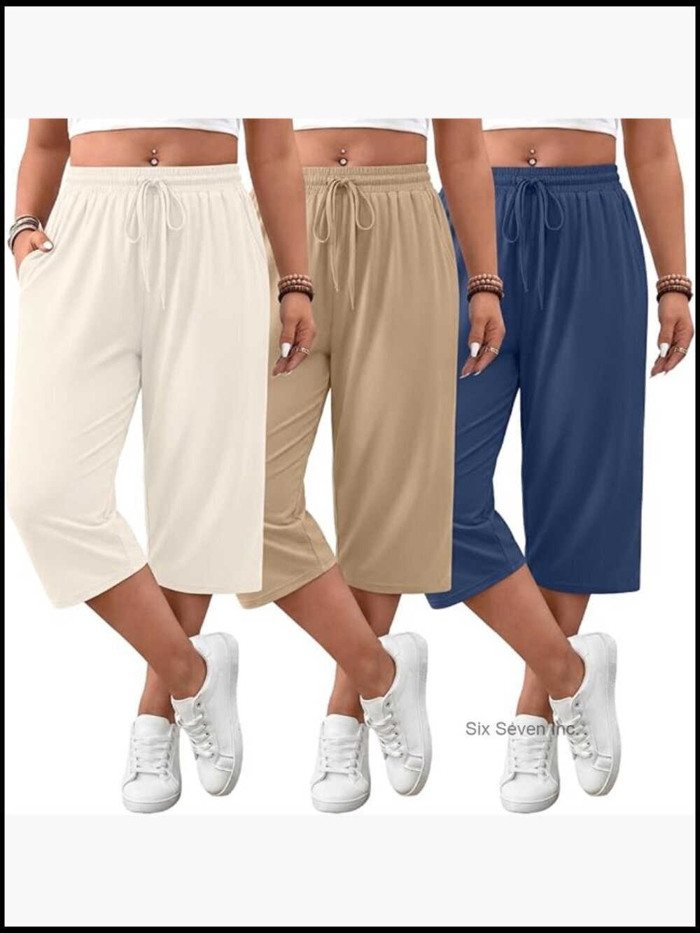 3 Pack Plus Size Wide Leg Yoga Capri Sweatpants with Pockets